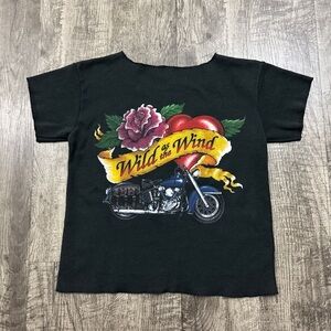Vintage Wild As The Wind Roses Heart Biker Motorcycle Baby Tee Top Shirt